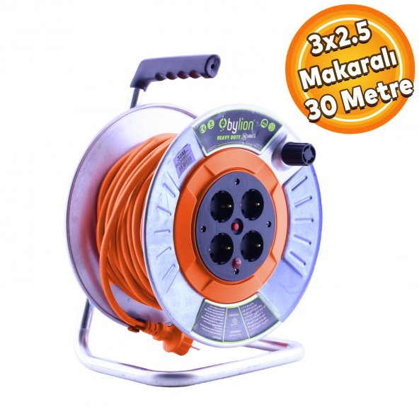 Bylion IP20 Metal Makaralı Seyyar 4 Prizli Uzatma Kablosu 3x2.5 mm TTR Kablo 30 Metre Termal Sigortalı ürün görseli 1