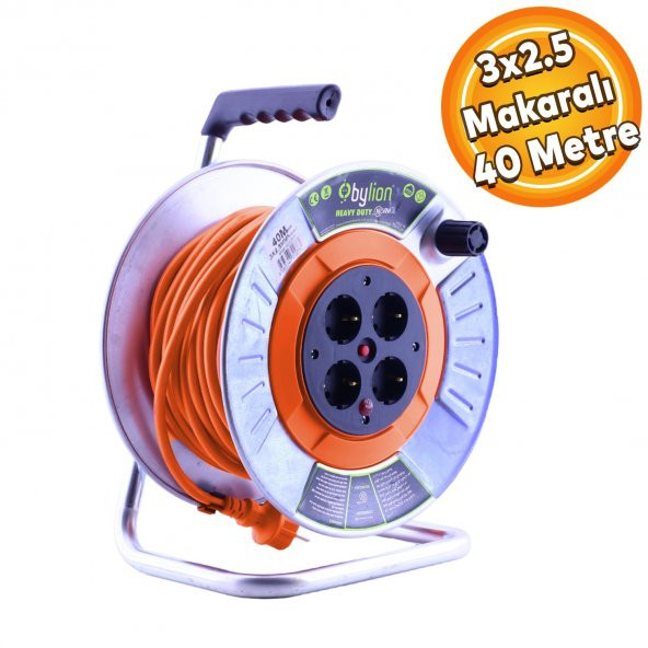 Bylion IP20 Metal Makaralı Seyyar 4 Prizli Uzatma Kablosu 3x2.5 mm TTR Kablo 40 Metre Termal Sigorta ürün görseli 1