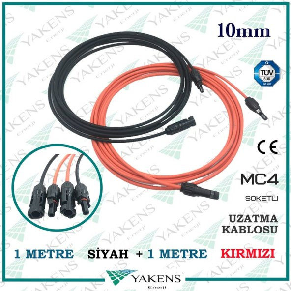 Güneş Paneli Uzatma Solar Kablo (1m+1m) 10mm Toplam 2 Metre Çift Taraflı Mc4 Soketli Solar Ara Kablo Kırmızı Siyah ürün görseli 1