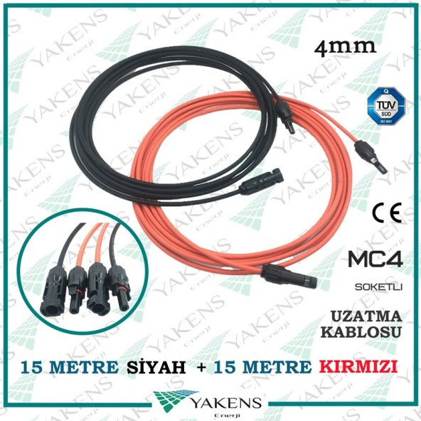 Güneş Paneli Uzatma Solar Kablo (15m+15m) 4mm Toplam 30 Metre Çift Taraflı Mc4 Soketli Solar Ara Kablo Kırmızı Siyah ürün görseli 1