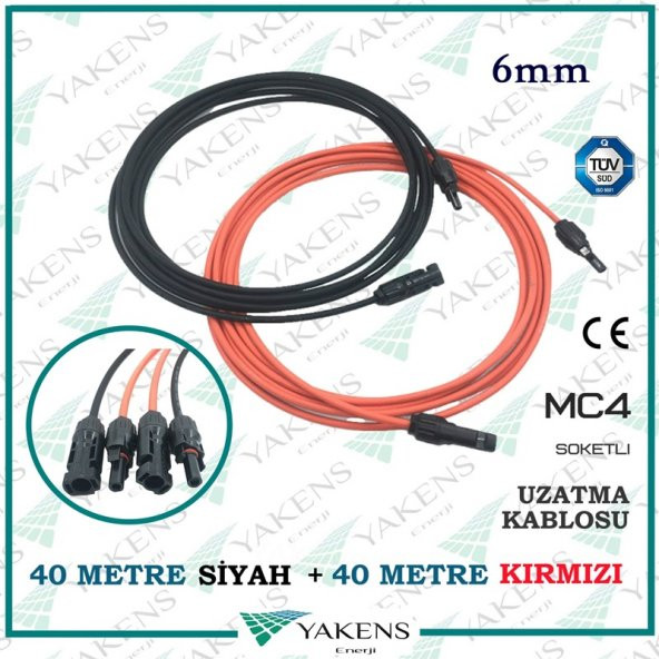 Güneş Paneli Uzatma Solar Kablo (40m+40m) 6mm Toplam 80 Metre Çift Taraflı Mc4 Soketli Solar Ara Kablo Kırmızı Siyah ürün görseli 1