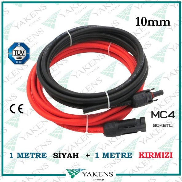 Mc4 Soketli Solar Kablo (1m+1m) 10mm Toplam 2 Metre Güneş Paneli Hazır Solar Kablo Seti Kırmızı Siyah ürün görseli 1