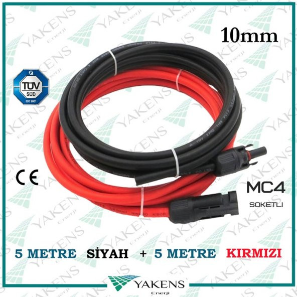 Mc4 Soketli Solar Kablo (5m+5m) 10mm Toplam 10 Metre Güneş Paneli Hazır Solar Kablo Seti Kırmızı Siyah ürün görseli 1