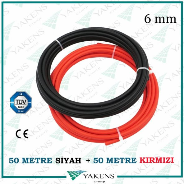 Solar Kablo (50m+50m) 6mm Toplam 100 Metre Hazır Güneş Paneli Kablo Seti Kırmızı Siyah ürün görseli 1