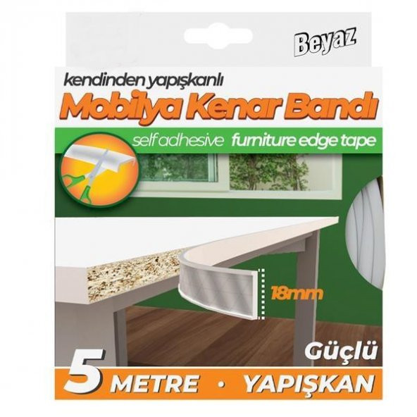 Kendinden Yapışkanlı Masa,Raf,Dolap,Komodin,Mobilya Kenar Bandı 18mmX5 Metre-Beyaz ürün görseli 1