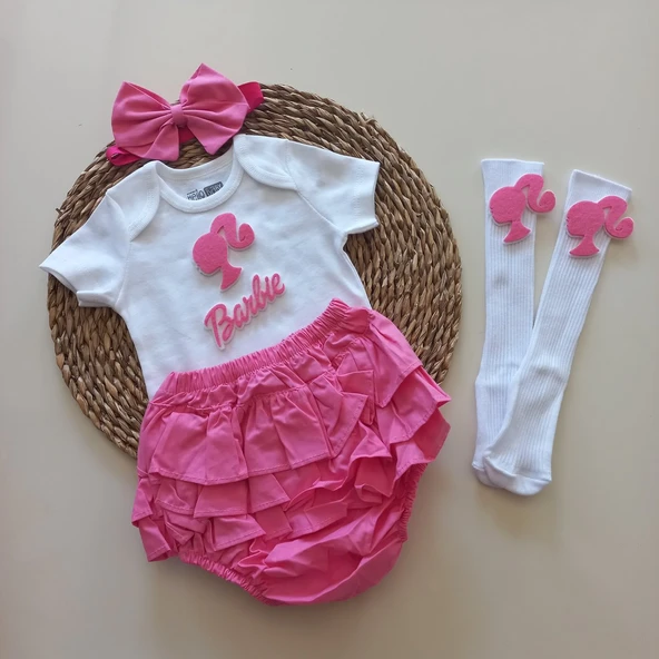MARS BABY Kız Bebek Pembe Fuşya Barbie Figürlü Fırfırşort Etek Bandana Çorap Takım ürün görseli 1