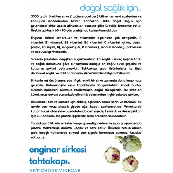 Tahtakapı Enginar Sirkesi 5 Litre - Resim 4