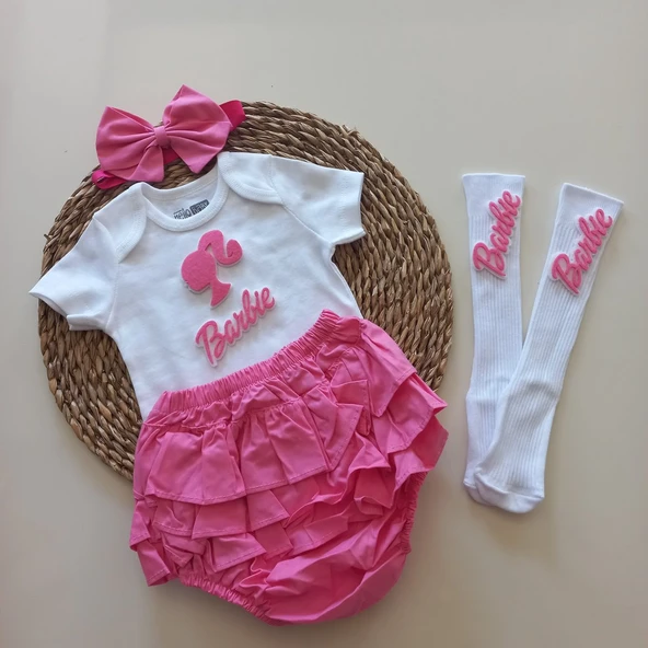 MARS BABY Kız Bebek Pembe Fuşya Barbie Fırfırşort Etek Bandana Çorap Takım ürün görseli 1