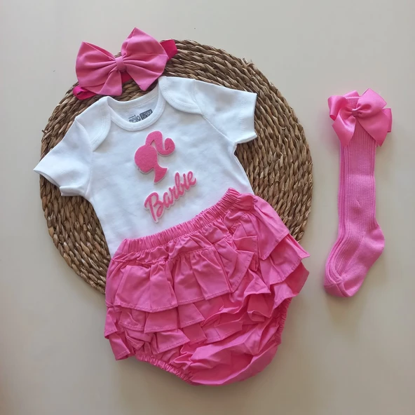 MARS BABY Kız Bebek Pembe Fuşya Barbie Figür Fırfırşort Etek Bandana Fiyonk Çorap Takım ürün görseli 1