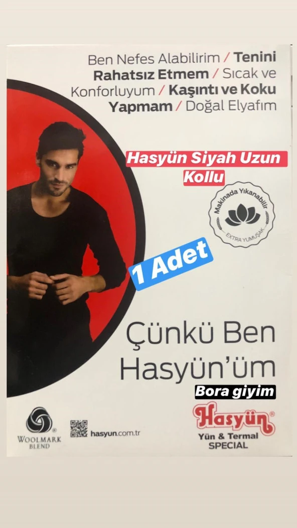 Hasyün Erkek Uzun Kollu Siyah Fanila Yün İçlik Termal İçlik ürün görseli 1