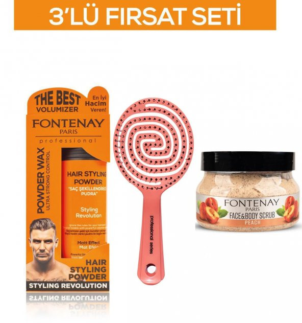 Fontenay Pudra Toz Wax Turuncu 20gr + 3 Boyutlu Saç Fırçası+ FaceAndBody Scrub Şeftali 350ml 3LüSet ürün görseli 1