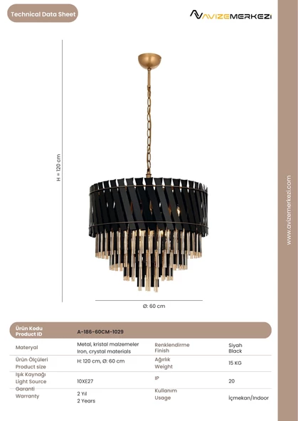 Siyah Boyalı Klasik Avize A-186-60CM - Resim 3