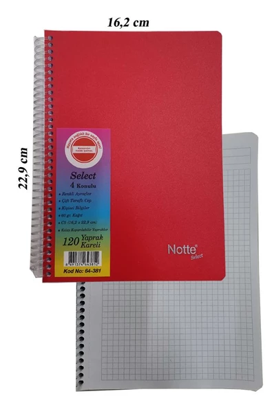 PP Orta Boy Spralli Defter 120 Yaprak Kareli 1 Adet 4 Bölümlü Kareli 120 Yaprak Plastik Kapak Spralli Defter ürün görseli 1