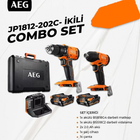AEG JP1812-202C COMBO SET (BSB18G4 DARBELİ MATKAP + BSS18C2 DARBELİ VİDALAMA + 2Ah AKÜ + ŞARJ CİHAZ) ürün görseli 1