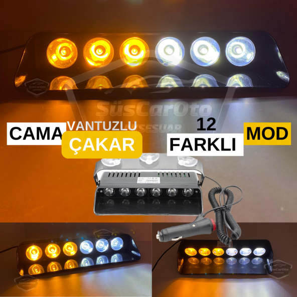 S6 Cam İçi Vantuzlu Ambulans İtfaiye Çakar Lamba İkaz Lambası 6 Ledli 12 Farklı Mod Sarı Beyaz Çakmaklık Girişli ürün görseli 1