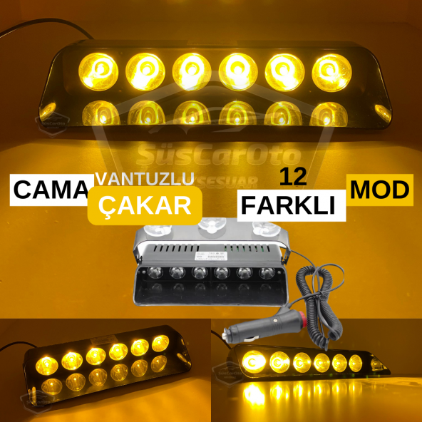 S6 Cam İçi Vantuzlu Ambulans İtfaiye Çakar Lamba İkaz Lambası 6 Ledli 12 Farklı Mod Sarı Çakmaklık Girişli ürün görseli 1