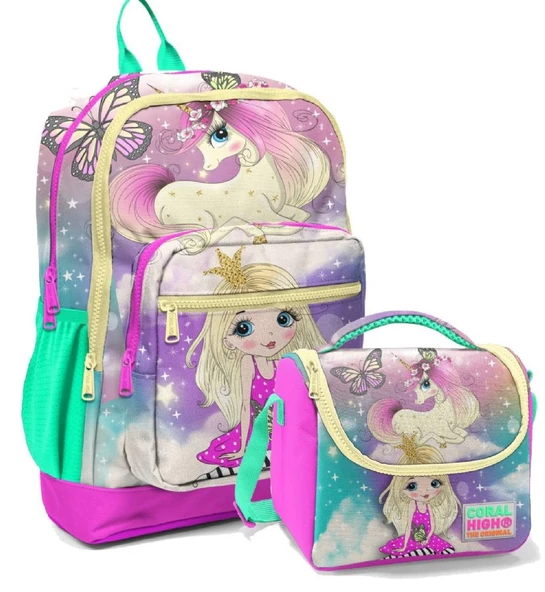 Coral High Pembe Su Yeşili Unicorn Okul Sırt ve Beslenme Çantası Seti - Kız Çocuk - Dört Bölmeli ürün görseli 1