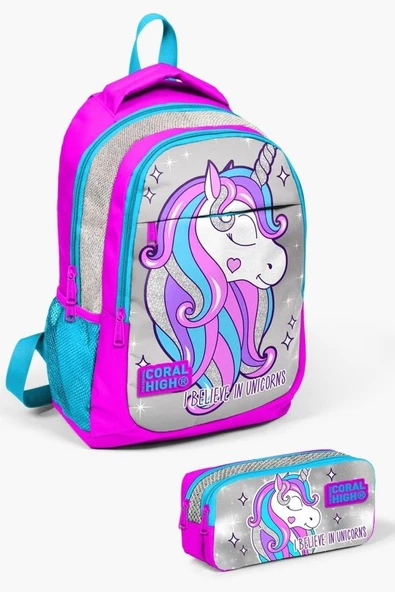 Coral High Kids Pembe Gümüş Simli Unicorn Desenli 2'li Okul Çanta Seti - Kız Çocuk ürün görseli 1
