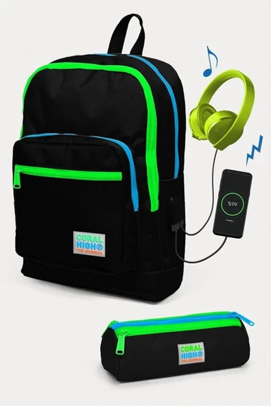 Coral High Kids Siyah USB'li 2'li Okul Çanta Seti - Erkek Çocuk ürün görseli 1