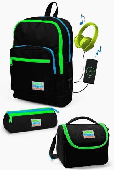 Coral High Kids Siyah USB'li 3'lü Okul Çanta Seti - Erkek Çocuk ürün görseli 1