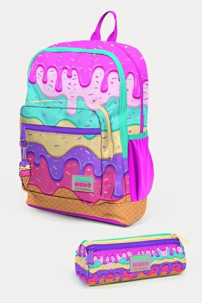 Coral High Kids Pembe Rengarenk Dondurma Desenli 2'li Okul Çanta Seti - Kız Çocuk ürün görseli 1