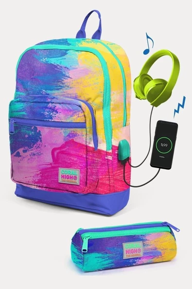 Coral High Kids Renkli Airbrush Desenli USB'li 2'li Okul Çanta Seti - Kız Çocuk ürün görseli 1