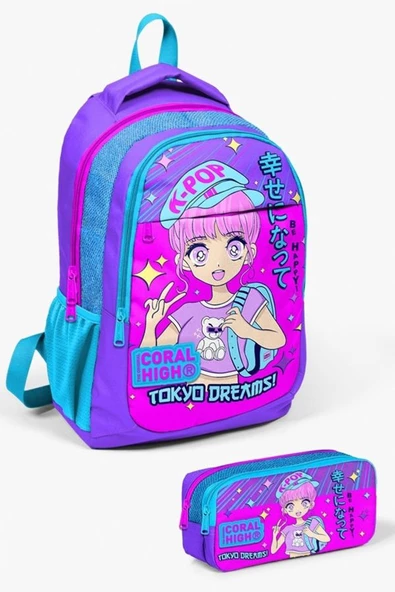Coral High Kids Mor Pembe Mavi Simli K-Pop Desenli 2'li Okul Çanta Seti - Kız Çocuk ürün görseli 1