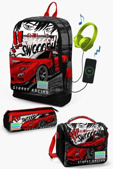 Coral High Kids Siyah Kırmızı Anime Araba Desenli USB'li 3'lü Okul Çanta Seti - Erkek Çocuk ürün görseli 1