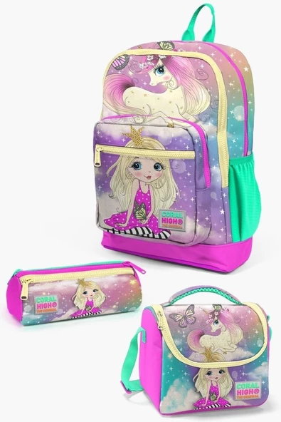 Coral High Kids Pembe Su Yeşili Unicornlu Kız Desenli 3'lü Okul Çanta Seti - Kız Çocuk İlkokul ürün görseli 1
