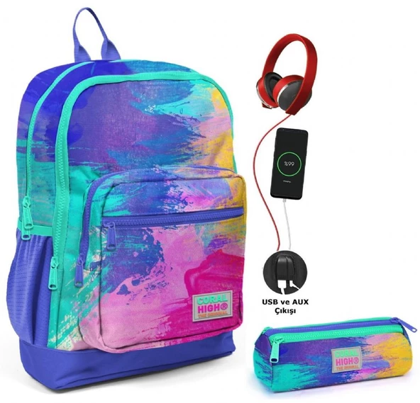 Coral High Renkli Airbrush USB Soketli Okul Çantası ve Kalemlik Seti - Kız Çocuk ürün görseli 1