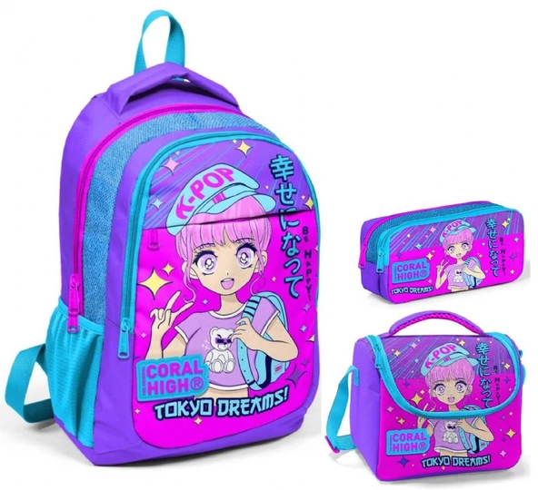 Coral High Lavanta K-Pop Üçlü İlkokul Okul Çanta Seti ürün görseli 1