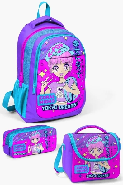 Coral High Kids Mor Pembe Mavi Simli K-Pop Desenli 3'lü Okul Çanta Seti - Kız Çocuk ürün görseli 1