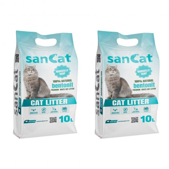 SANCAT Marsilya sabunu kokulu Premium Beyaz Kedi Kumu 10 Lt X 2 Adet ürün görseli 1