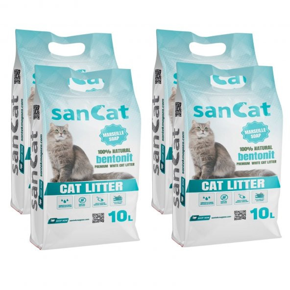 Sancat Marsilya Sabunu Kokulu Premium Beyaz Kedi Kumu 10 Lt X 4 Adet ürün görseli 1