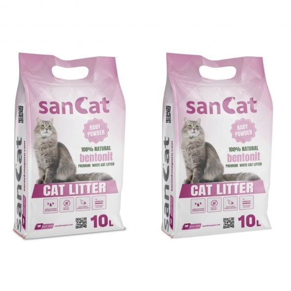 SANCAT Bebek Pudrası Kokulu Premium Beyaz Kedi Kumu 10 Lt. X 2 Adet ürün görseli 1