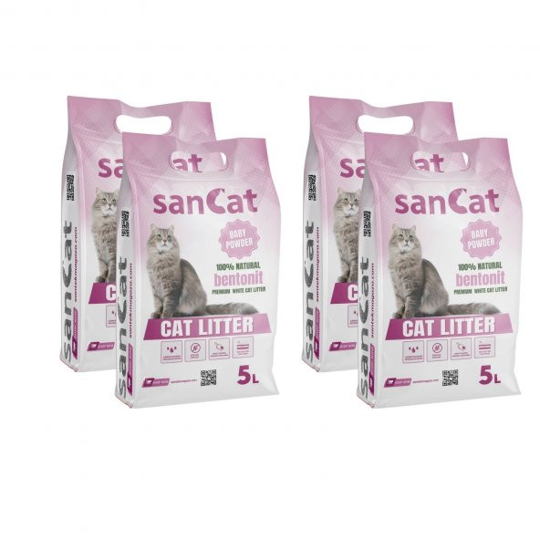 SANCAT Bebek Pudrası Kokulu Premium Beyaz Kedi Kumu 5 Lt. X 4 Adet ürün görseli 1