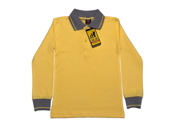 Polo Yaka Tişört çocuk uzun kol gri çizgi yaka sarı Okul Tişört/t-shirt ürün görseli 1