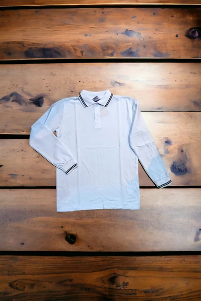 Polo Yaka Tişört çocuk uzun kol siyah çizgi yaka beyaz Okul Tişört/t-shirt ürün görseli 1