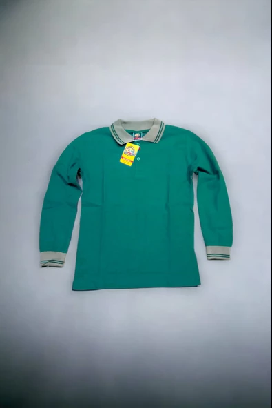 Polo Yaka Tişört çocuk uzun kol Bej çizgi yaka koyu yeşil Okul Tişört/t-shirt ürün görseli 1