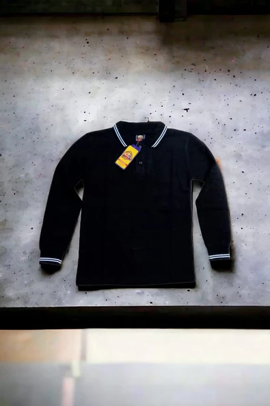 Polo Yaka Tişört çocuk uzun kol siyah çizgi yaka siyah Okul Tişört/t-shirt ürün görseli 1
