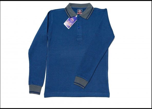 Polo Yaka Tişört çocuk uzun kol gri çizgi yaka mavi Okul Tişört/t-shirt ürün görseli 1