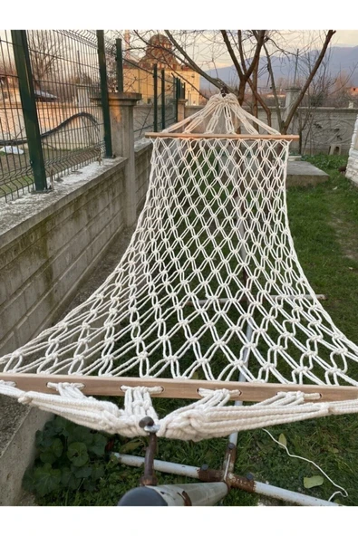 Tek Kişilik Çift Makrome Örgülü Pamuk Hamak Salıncak 95x220 Cm BAĞLAMA İPLİ ürün görseli 1