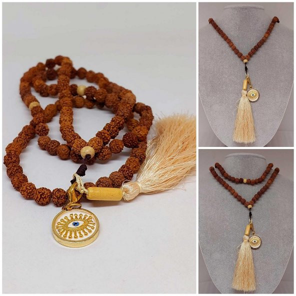 Rudraksha Tohumlu Krem Püsküllü Göz Aparatlı 108lik Tibet Stili El Yapımı Mala Kolye ürün görseli 1