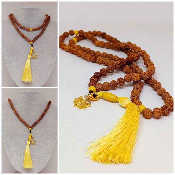 Rudraksha Tohumlu Sarı Püsküllü Lotus Aparatlı 108lik Tibet Stili El Yapımı Mala Kolye ürün görseli 1