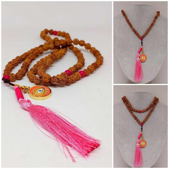 Rudraksha Tohumlu Pembe Püsküllü Göz Aparatlı 108lik Tibet Stili El Yapımı Mala Kolye ürün görseli 1