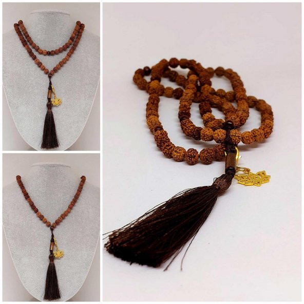 Rudraksha Tohumlu Kahverengi Püsküllü Lotus Aparatlı 108lik Tibet Stili El Yapımı Mala Kolye ürün görseli 1