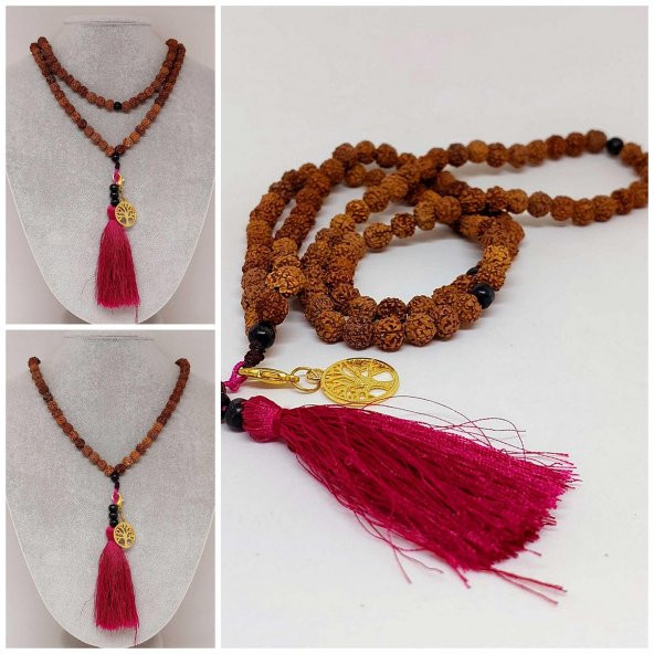 Rudraksha Tohumlu  Bordo Püsküllü Yaşam Ağacı Aparatlı 108lik Tibet Stili El Yapımı Mala Kolye ürün görseli 1