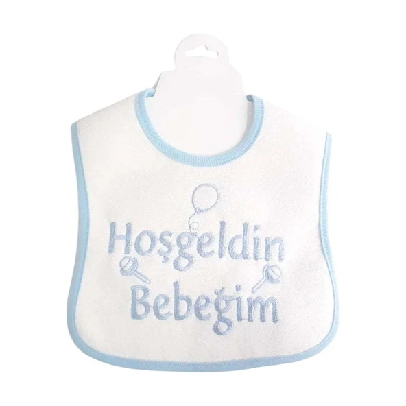 Hoşgeldin Bebeğim Yazılı Mavi Biyeli Su Geçirmez Erkek Bebek Önlük ürün görseli 1