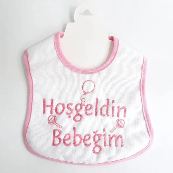 Hoşgeldin Bebeğim Yazılı Pembe Biyeli Su Geçirmez Kız Bebek Önlük ürün görseli 1