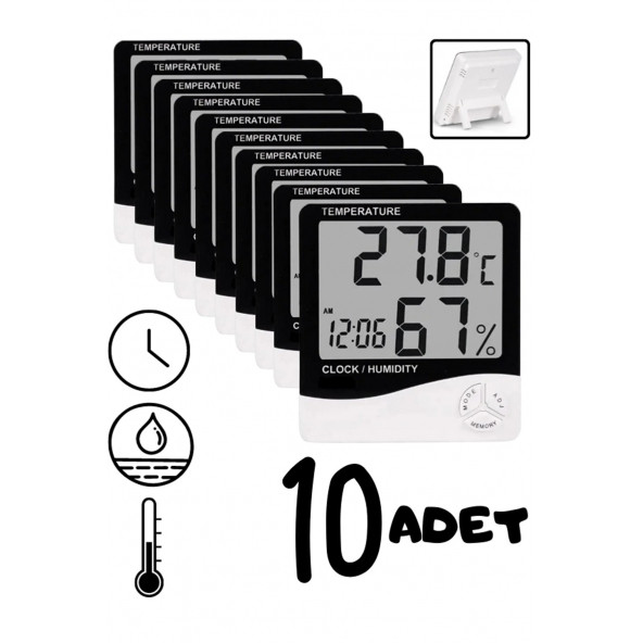 10 Adet Dijital Termometre Sıcaklık Ve Nem Ölçer Masa Saati Alarm 10ADET-HTC-1 A33-10 ADET ürün görseli 1